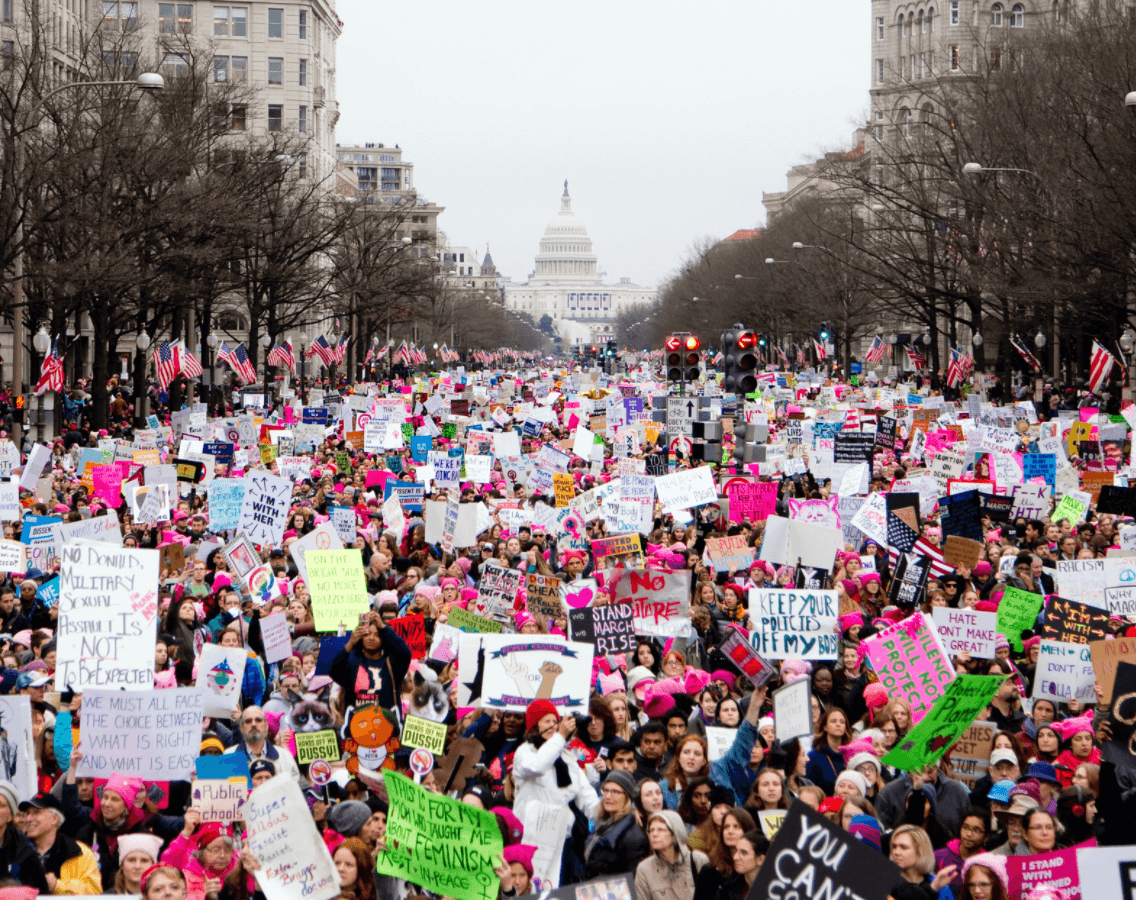bird's eye view of a women's march in washington DC. the capitol building can be seen far in the background
