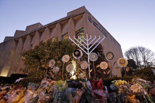 Tree of LIfe Synagogue flowers outside in memory of those who were killed